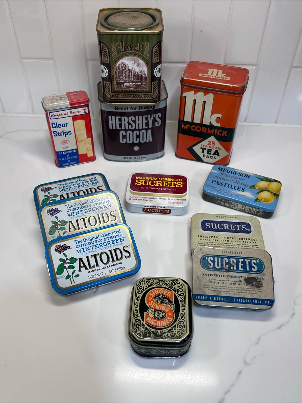 Vintage Metal Advertising Tin Lot - Hershey’s McCormick Altoids Sucrets Singer